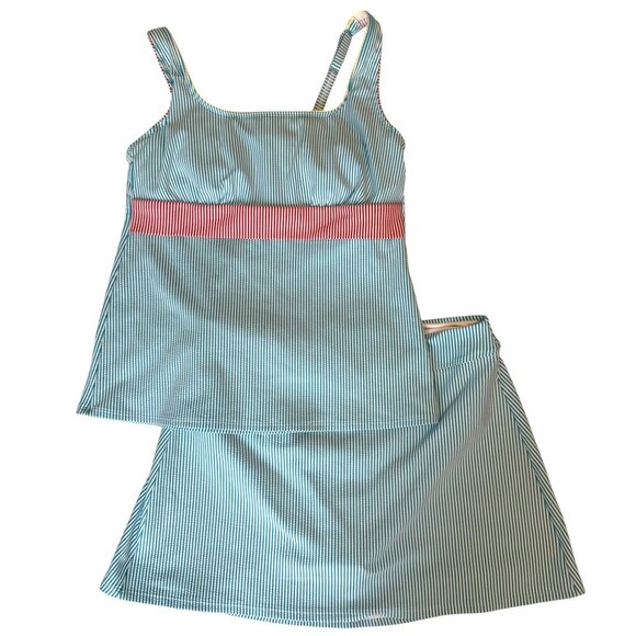 12 Lands End Blue Seersucker Knit 2 Piece Tankini Skirt Swimsuit Underwire Top - Picture 2 of 13
